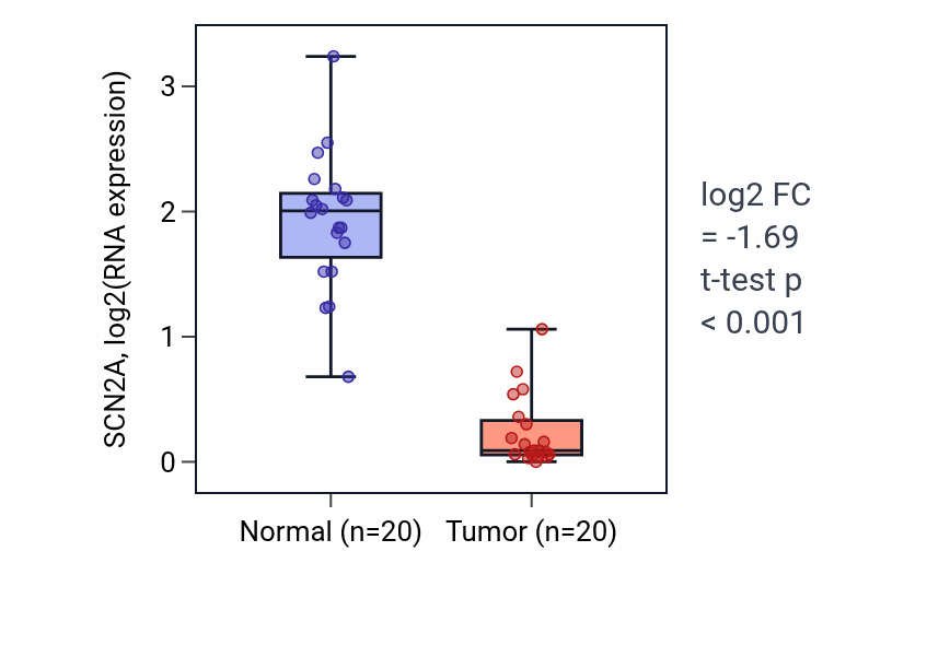 Tumor-vs-normal expression box plot for SCN2A RNA in KIRC.