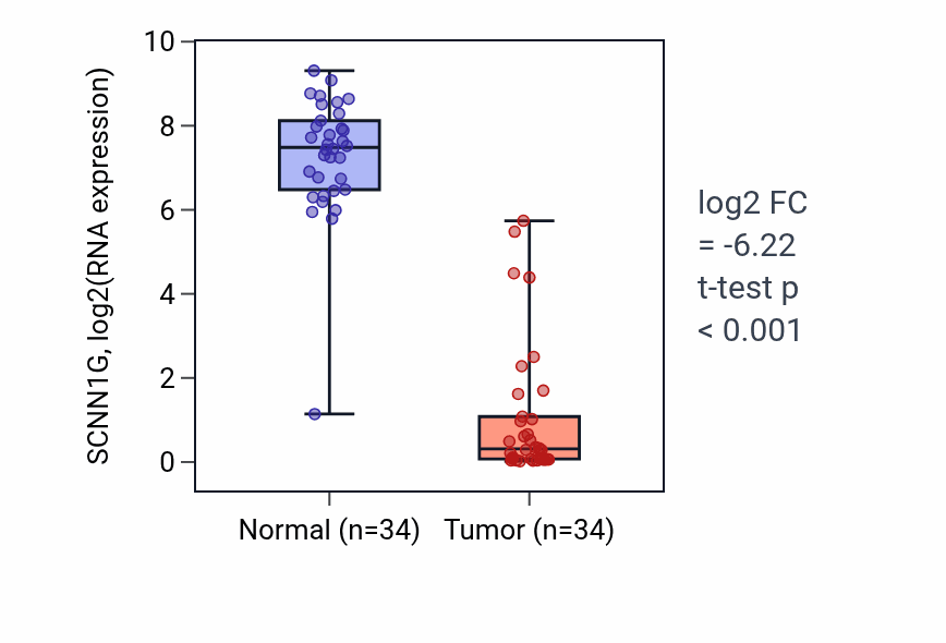 Tumor-vs-normal expression box plot for SCNN1G RNA in KIRC.