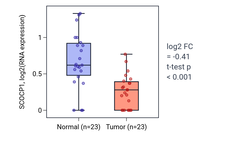 Tumor-vs-normal expression box plot for SCOCP1 in LUSC.
