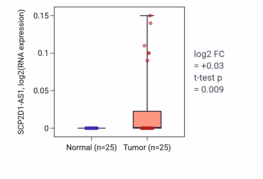 Tumor-vs-normal expression box plot for SCP2D1-AS1 RNA in HNSC.