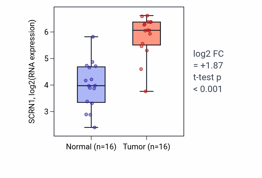 Tumor-vs-normal expression box plot for SCRN1 RNA in HNSC.