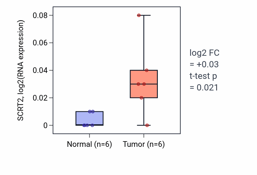 Tumor-vs-normal expression box plot for SCRT2 in STAD.