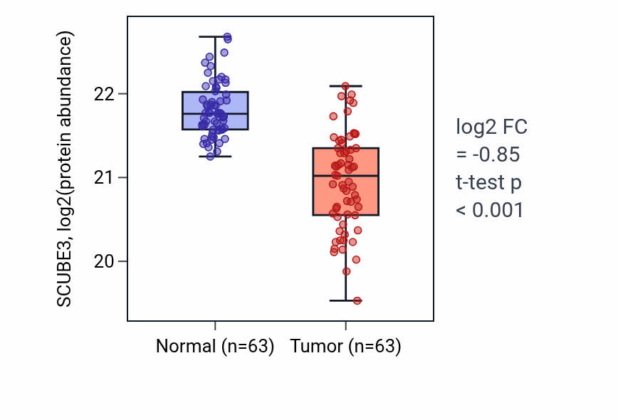 Tumor-vs-normal mass-spec protein box plot for SCUBE3 in CCRCC.