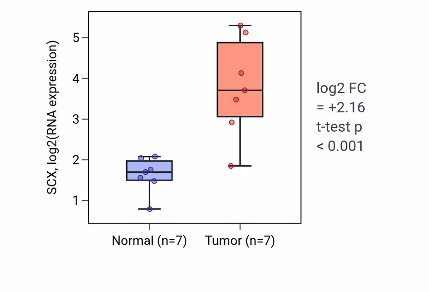 Tumor-vs-normal expression box plot for SCX RNA in COAD.