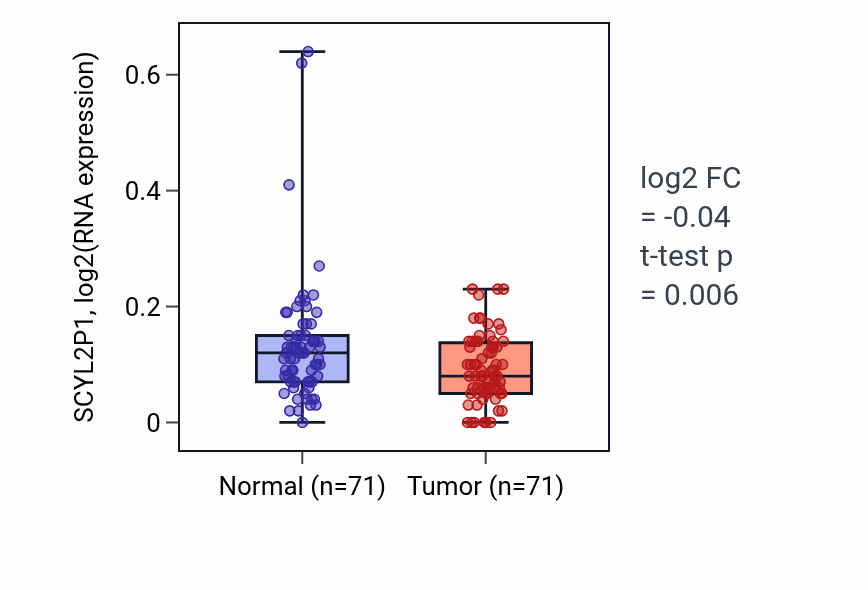 Tumor-vs-normal expression box plot for SCYL2P1 in KIRC.