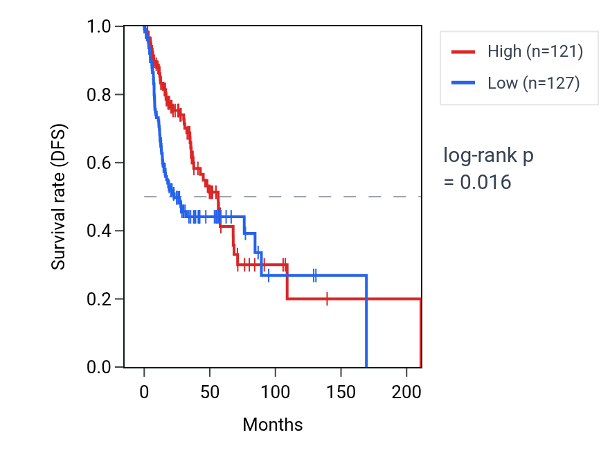 Kaplan&ndash;Meier survival curve for SCYL3 RNA expression in HNSC: high vs low expression groups.