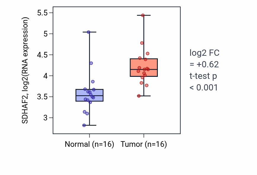Tumor-vs-normal expression box plot for SDHAF2 RNA in HNSC.