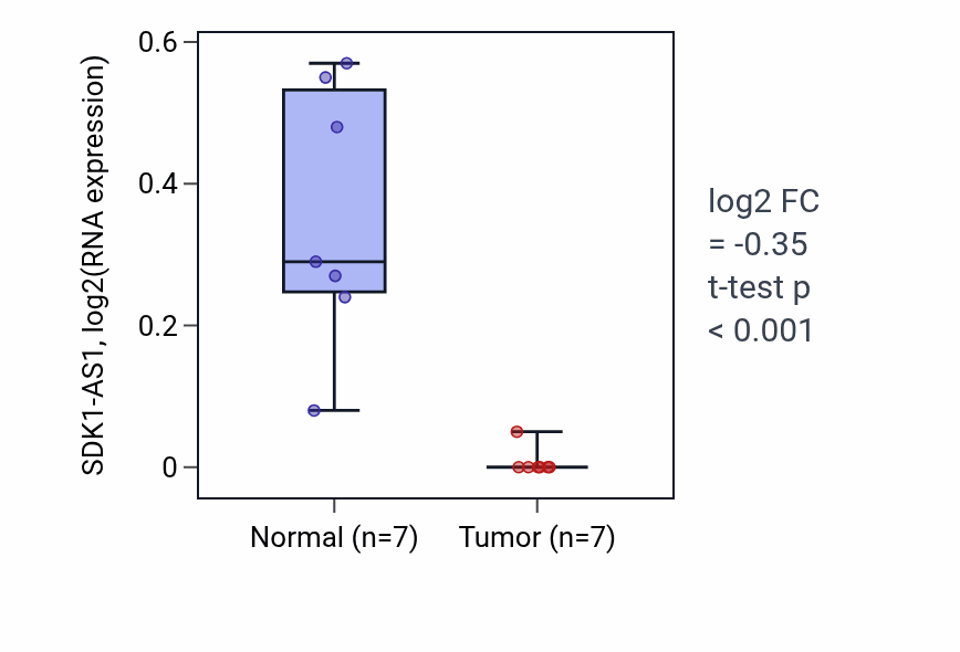 Tumor-vs-normal expression box plot for SDK1-AS1 RNA in KICH.
