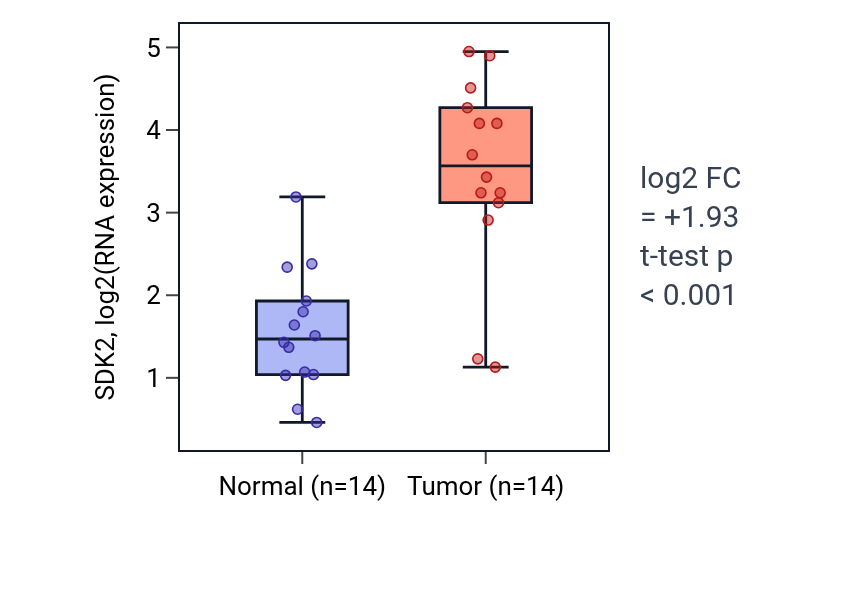 Tumor-vs-normal expression box plot for SDK2 in HNSC.