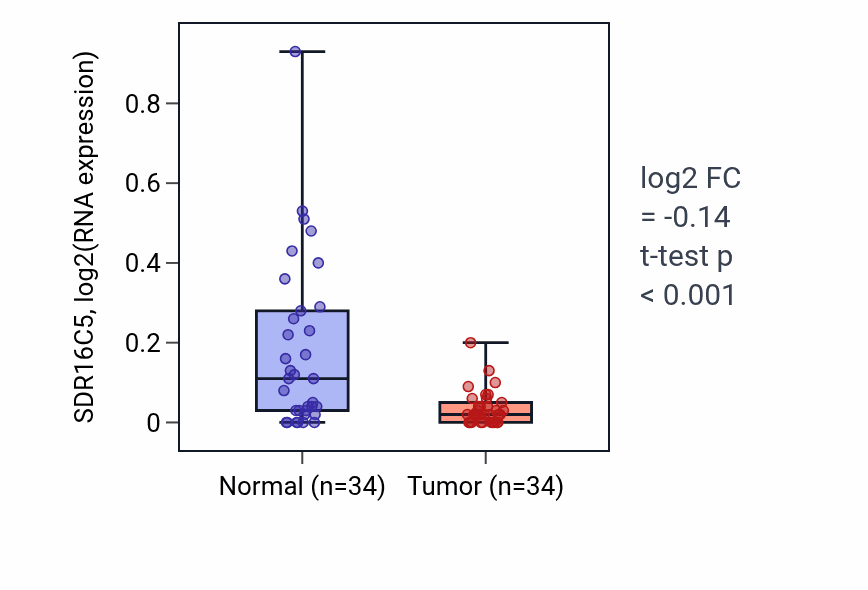 Tumor-vs-normal expression box plot for SDR16C5 RNA in KIRC.