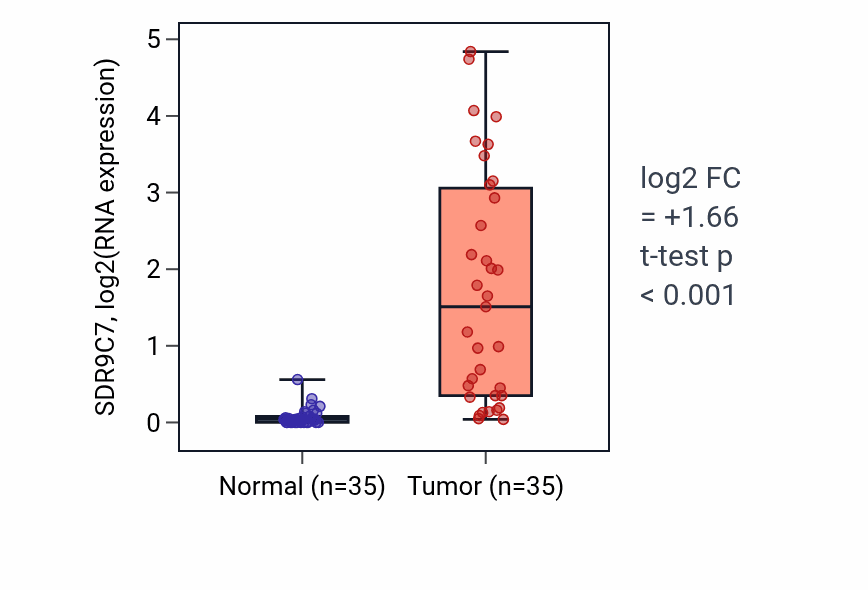 Tumor-vs-normal expression box plot for SDR9C7 RNA in LUSC.