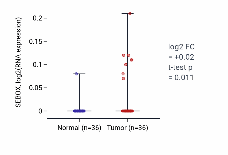 Tumor-vs-normal expression box plot for SEBOX in KIRC.