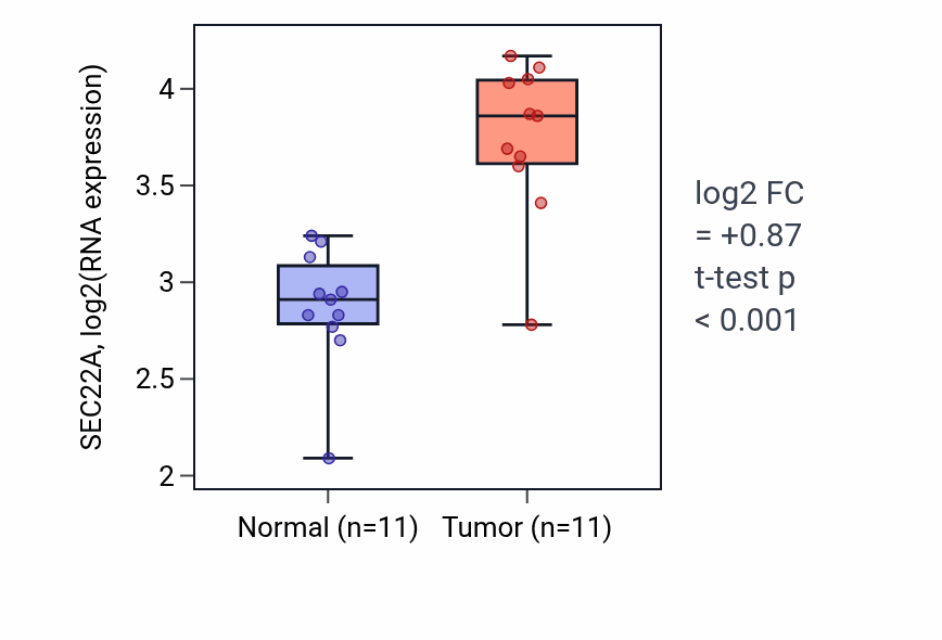 Tumor-vs-normal expression box plot for SEC22A RNA in HNSC.