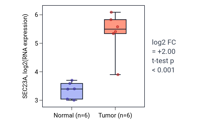 Tumor-vs-normal expression box plot for SEC23A in HNSC.