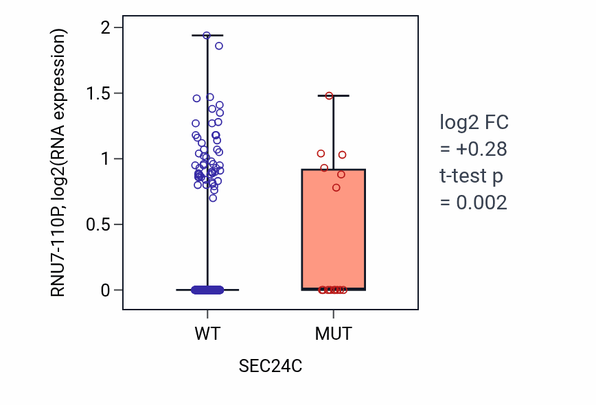 Box plot of RNU7-110P in SEC24C-low vs SEC24C-high samples in SKCM.