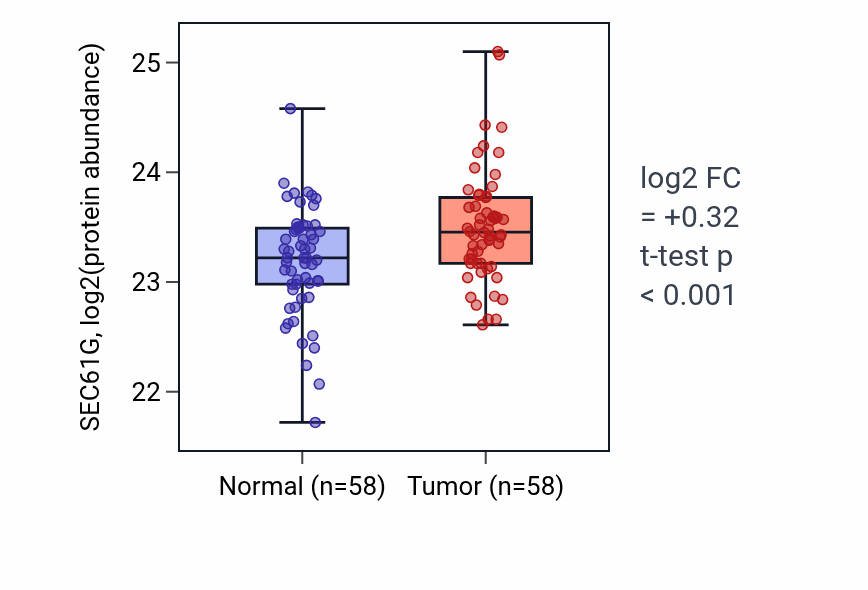 Tumor-vs-normal mass-spec protein box plot for SEC61G in HNSC.