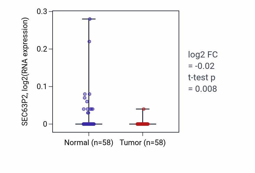 Tumor-vs-normal expression box plot for SEC63P2 in THCA.