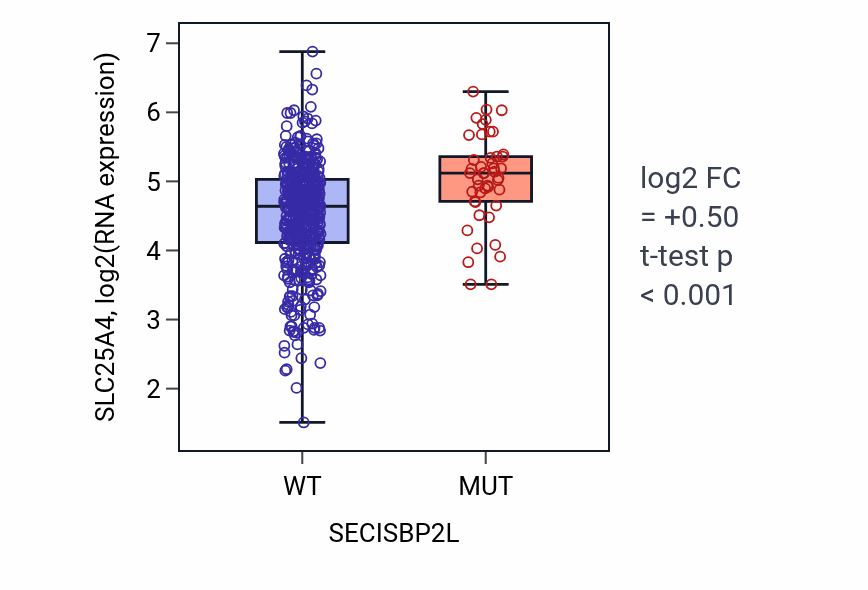 Box plot of SLC25A4 in SECISBP2L-low vs SECISBP2L-high samples in UCEC.