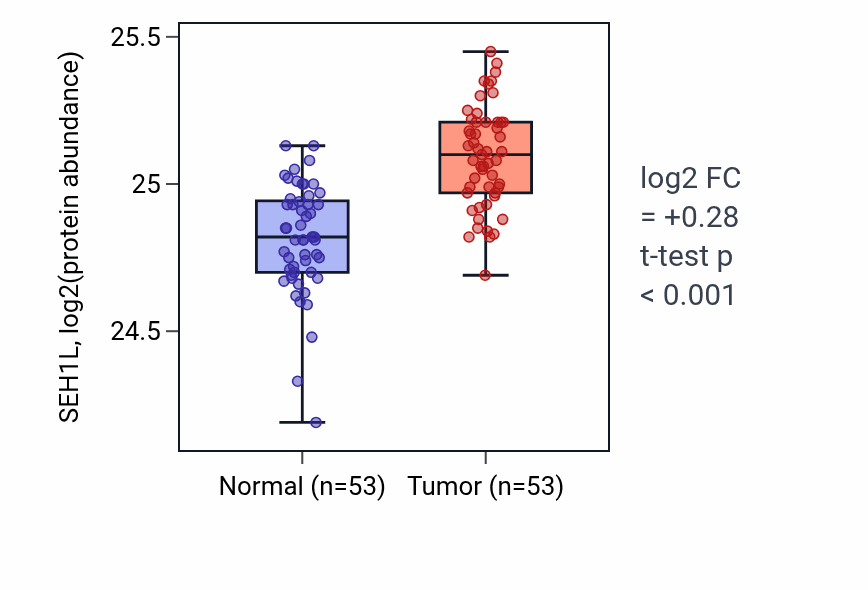 Tumor-vs-normal mass-spec protein box plot for SEH1L in HNSC.