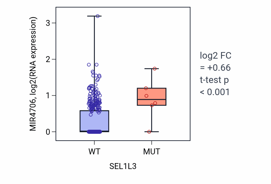 Box plot of MIR4706 in SEL1L3-low vs SEL1L3-high samples in BLCA.