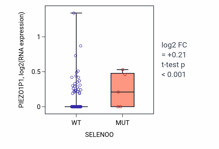 Box plot of PIEZO1P1 in SELENOO-low vs SELENOO-high samples in STAD.