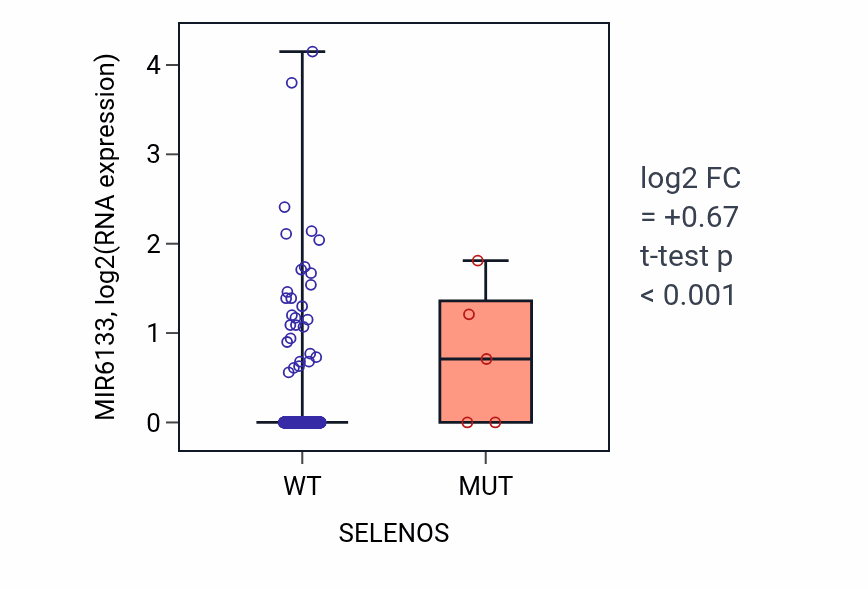Box plot of MIR6133 in SELENOS-low vs SELENOS-high samples in UCEC.