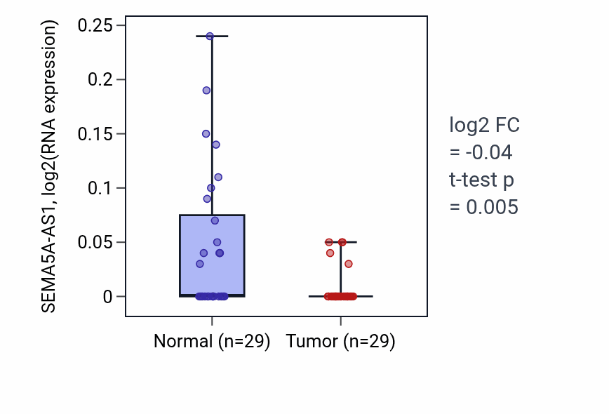 Tumor-vs-normal expression box plot for SEMA5A-AS1 RNA in HNSC.