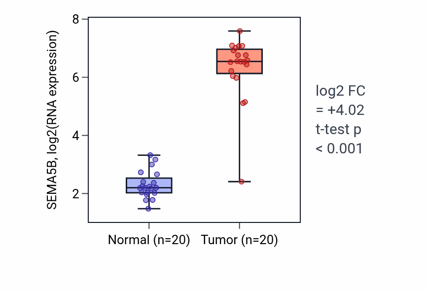 Tumor-vs-normal expression box plot for SEMA5B RNA in KIRC.