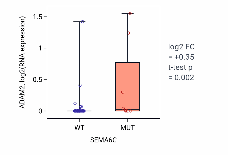 Box plot of ADAM2 in SEMA6C-low vs SEMA6C-high samples in OVARY.