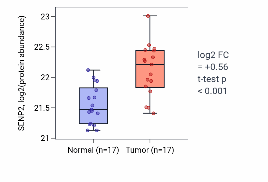 Tumor-vs-normal mass-spec protein box plot for SENP2 in LSCC.