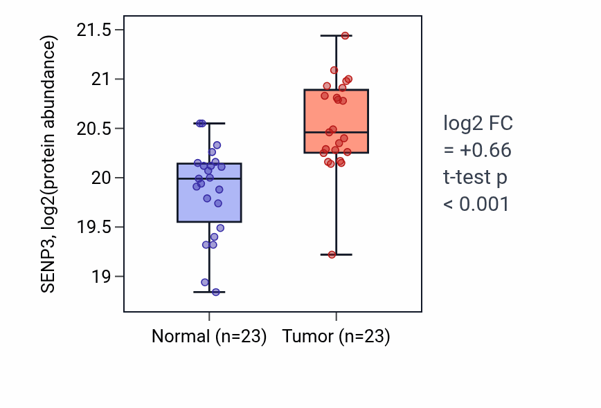 Tumor-vs-normal mass-spec protein box plot for SENP3 in HNSC.