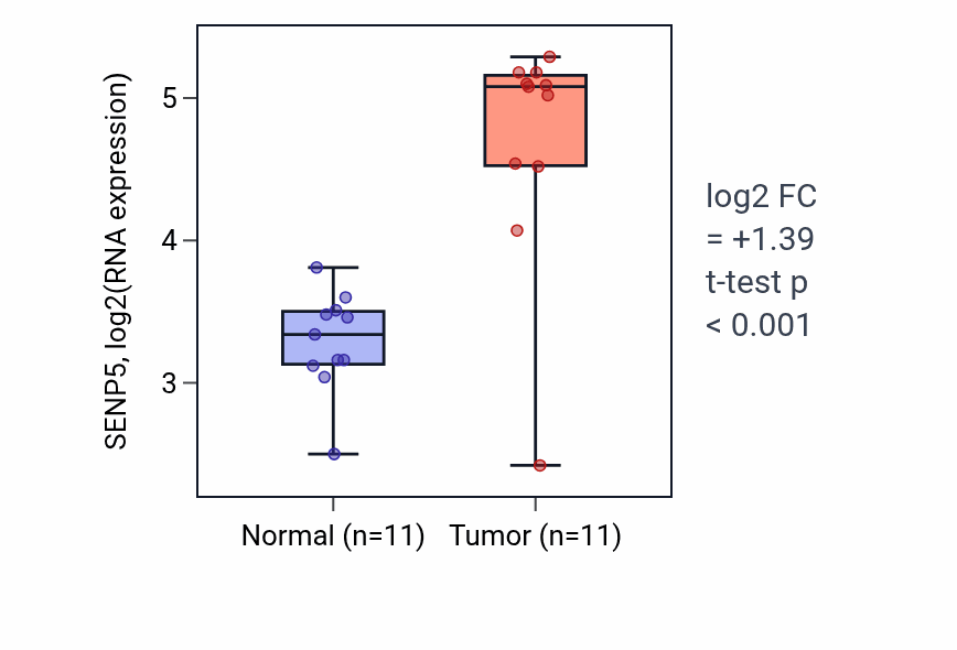 Tumor-vs-normal expression box plot for SENP5 RNA in HNSC.