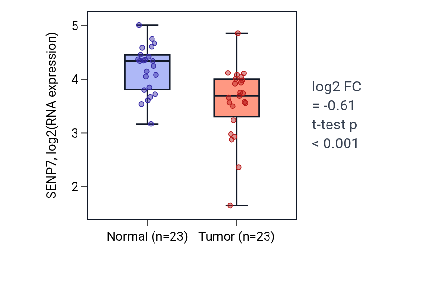 Tumor-vs-normal expression box plot for SENP7 in THCA.