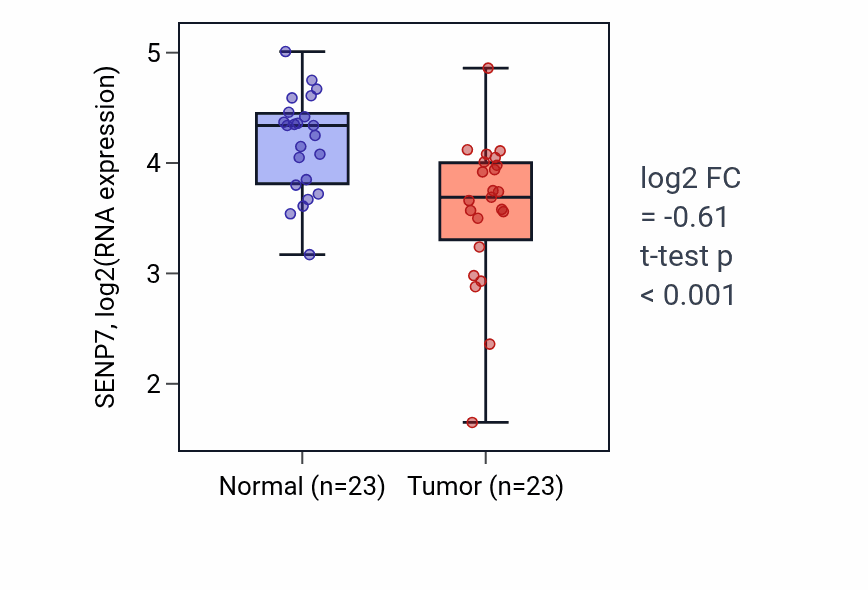 Tumor-vs-normal expression box plot for SENP7 RNA in THCA.