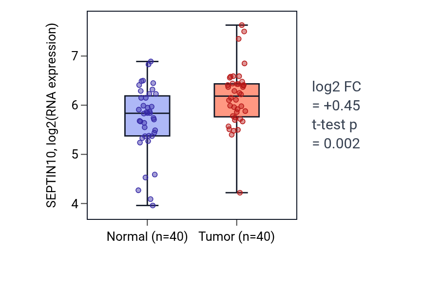 Tumor-vs-normal expression box plot for SEPTIN10 in HNSC.