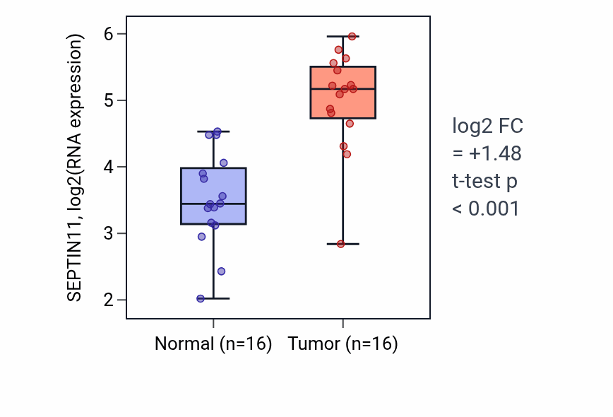 Tumor-vs-normal expression box plot for SEPTIN11 RNA in HNSC.