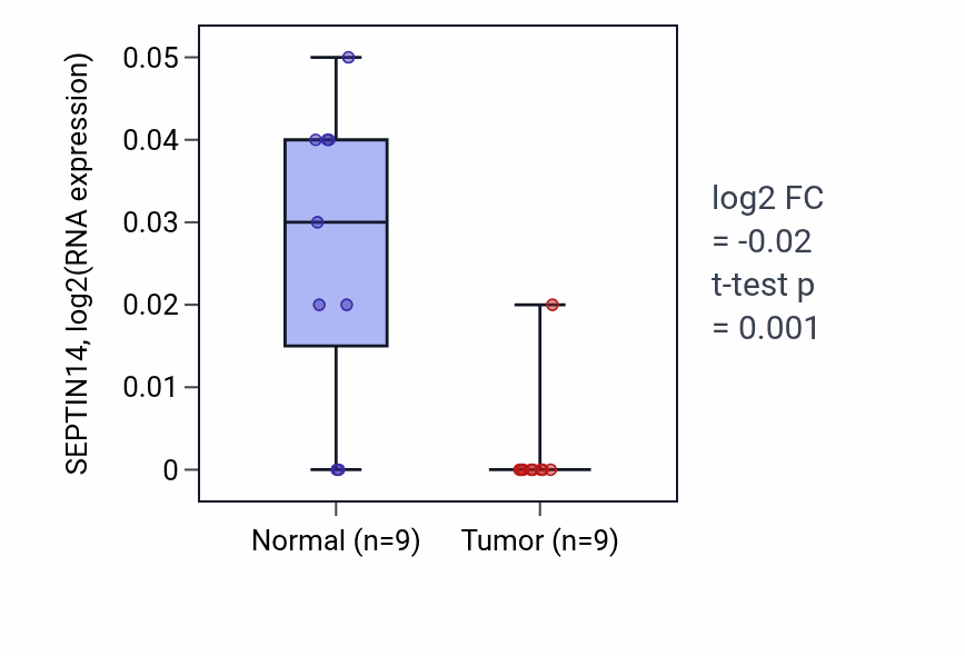 Tumor-vs-normal expression box plot for SEPTIN14 RNA in THCA.