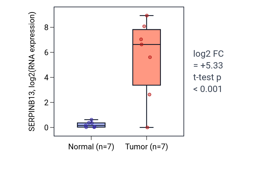 Tumor-vs-normal expression box plot for SERPINB13 in LUSC.