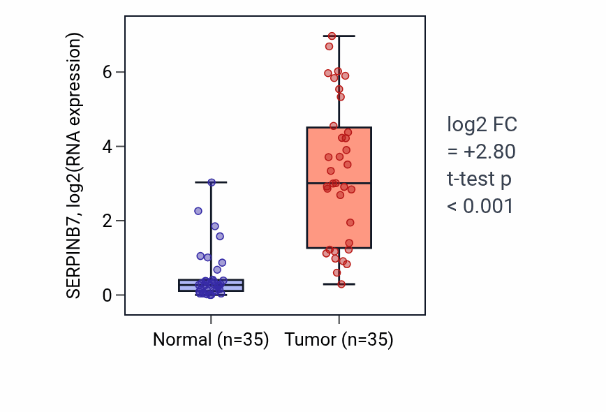 Tumor-vs-normal expression box plot for SERPINB7 RNA in LUSC.