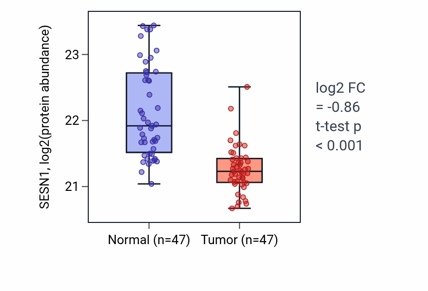 Tumor-vs-normal mass-spec protein box plot for SESN1 in HNSC.