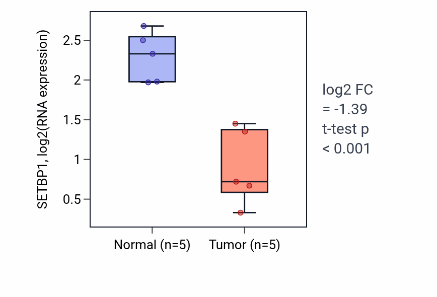 Tumor-vs-normal expression box plot for SETBP1 RNA in COAD.