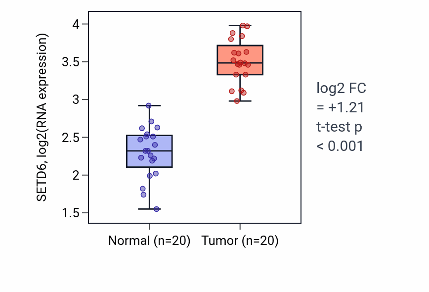 Tumor-vs-normal expression box plot for SETD6 RNA in COAD.