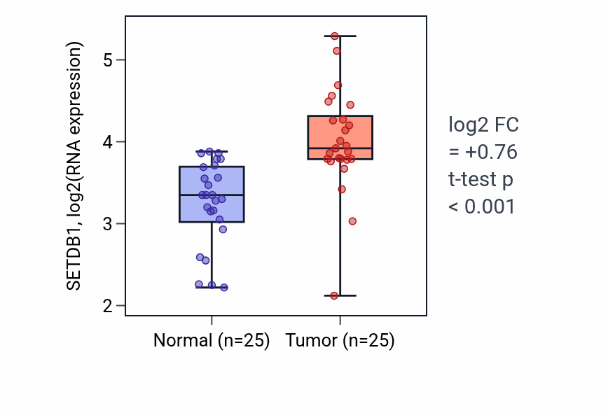 Tumor-vs-normal expression box plot for SETDB1 RNA in HNSC.