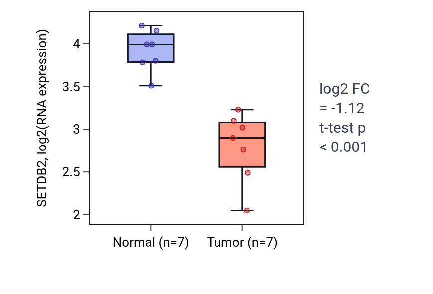 Tumor-vs-normal expression box plot for SETDB2 RNA in THCA.