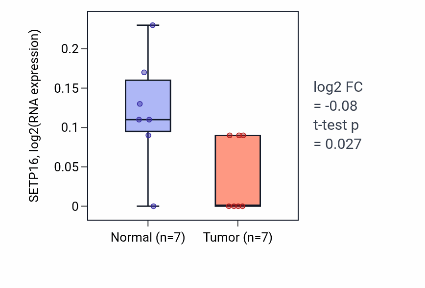 Tumor-vs-normal expression box plot for SETP16 in THCA.