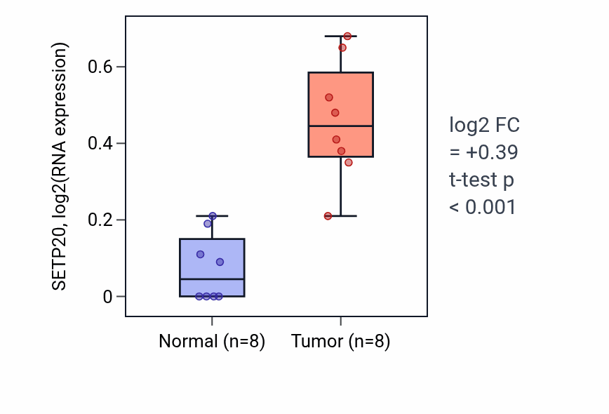 Tumor-vs-normal expression box plot for SETP20 in COAD.