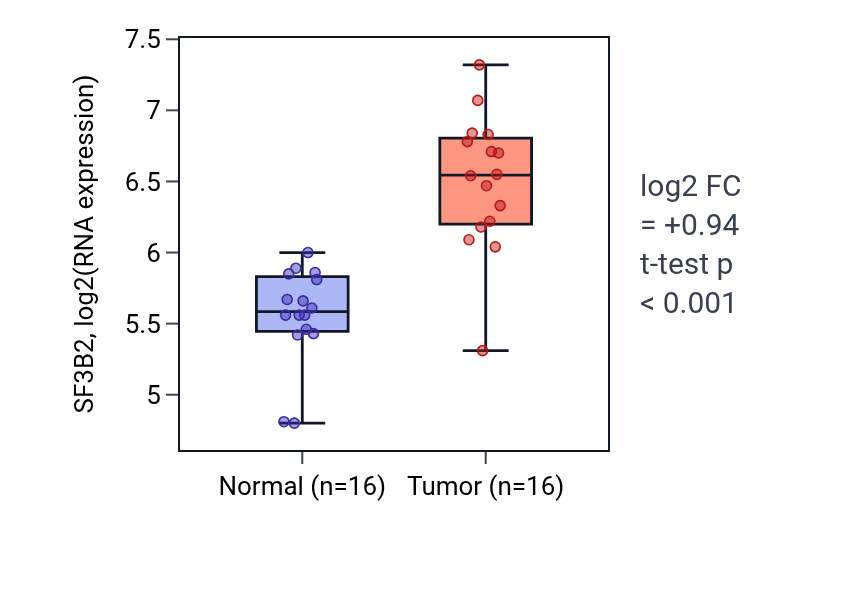 Tumor-vs-normal expression box plot for SF3B2 RNA in HNSC.
