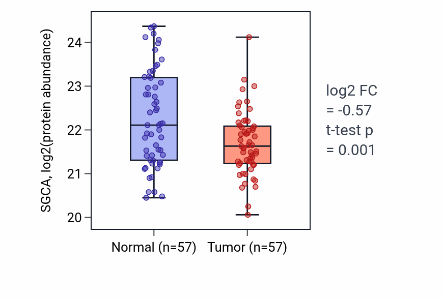 Tumor-vs-normal mass-spec protein box plot for SGCA in HNSC.