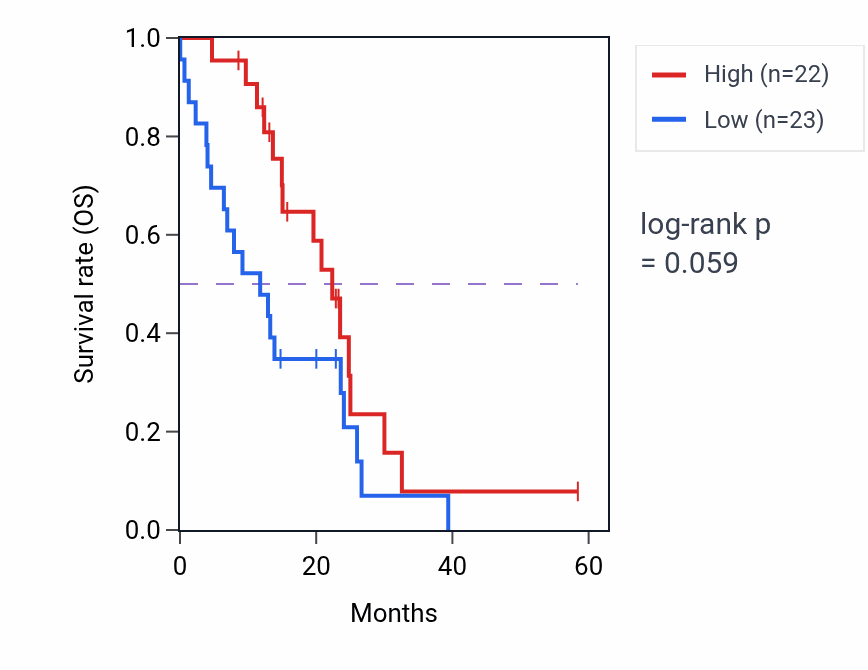 Kaplan&ndash;Meier survival curve for SGSH mass-spec protein-high vs -low samples in PDAC.