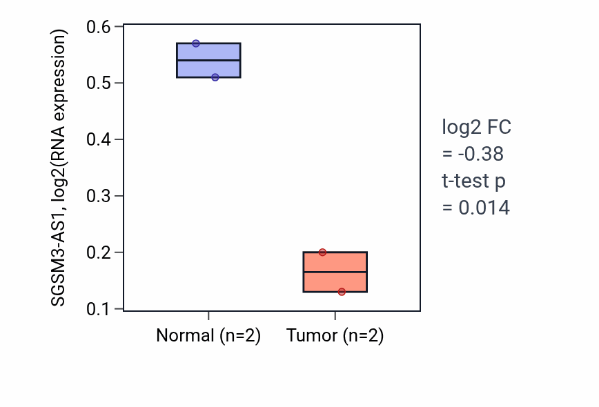 Tumor-vs-normal expression box plot for SGSM3-AS1 in UCEC.